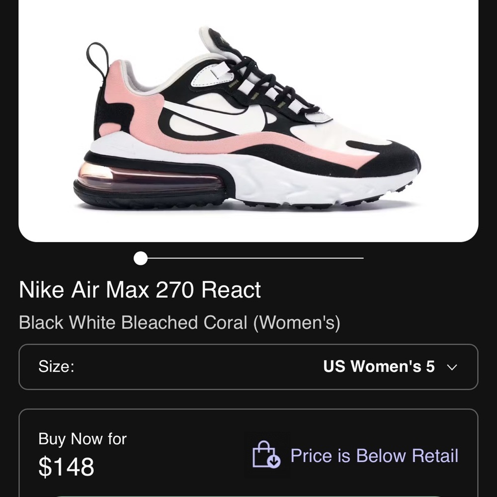 Nike Air Max 270 React
Black White Bleached Coral